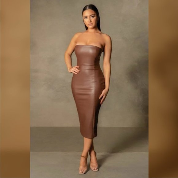 Meshki Pamela Strapless Faux PU Leather Dress - Brown - S - Picture 2 of 4